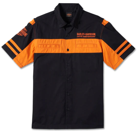 Harley-Davidson 120th Anniversary Men's Woven Colorblocked Button-Up Shirt, Black/Orange