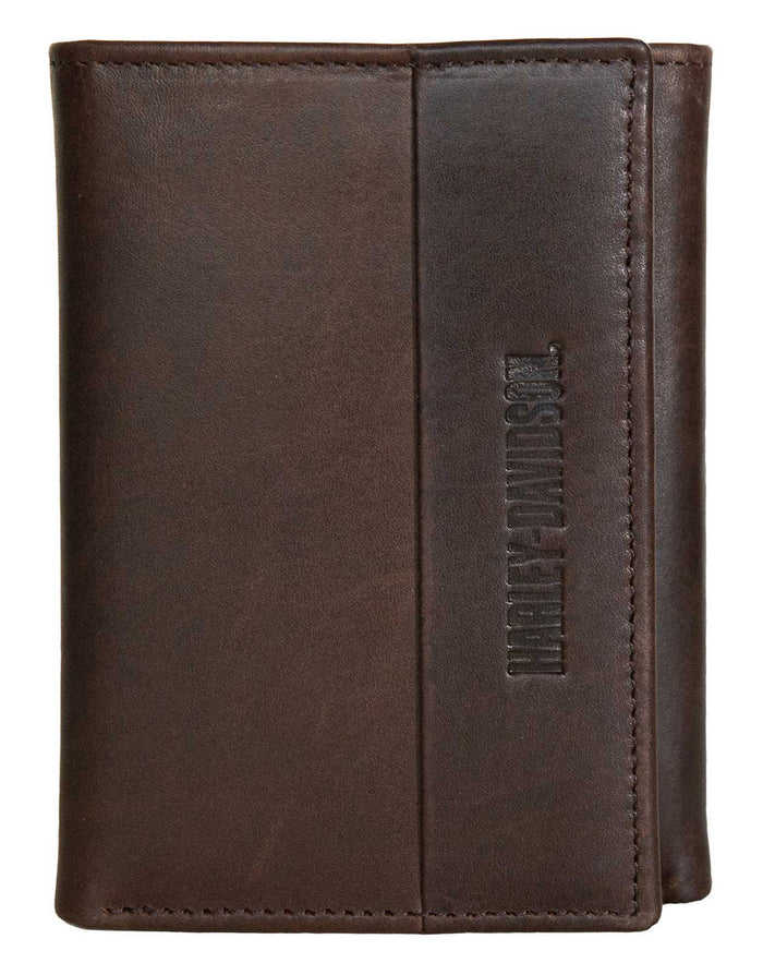 Harley-Davidson® Men's H-D Signature Tri-Fold Genuine Leather RFID Wallet - Brown