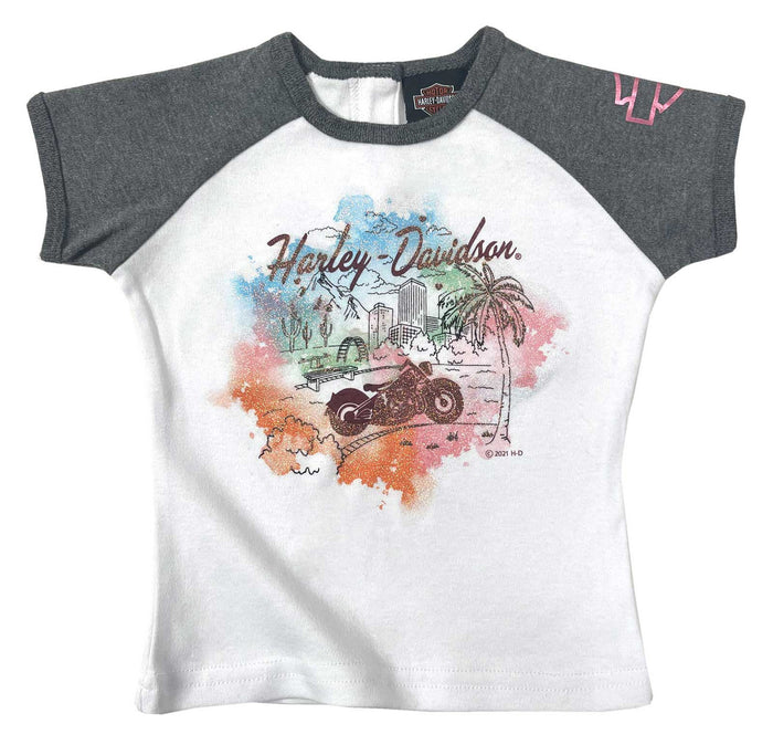 Harley-Davidson® Baby Girls' Glittery Raglan Short Sleeve Infant Tee, White/Gray