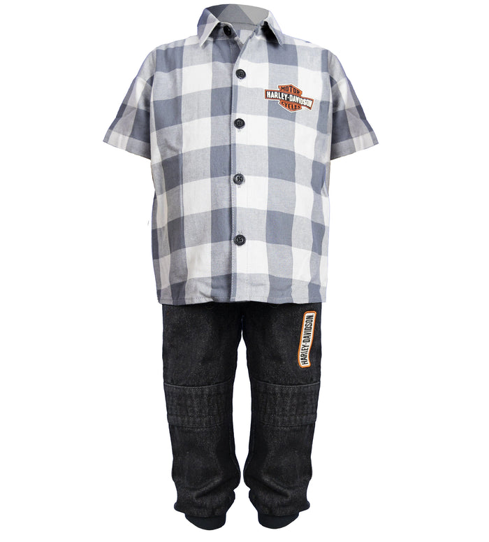 Harley-Davidson® Little Boys' 2-Piece Toddler Plaid Shirt & Denim Pant Set - Grey