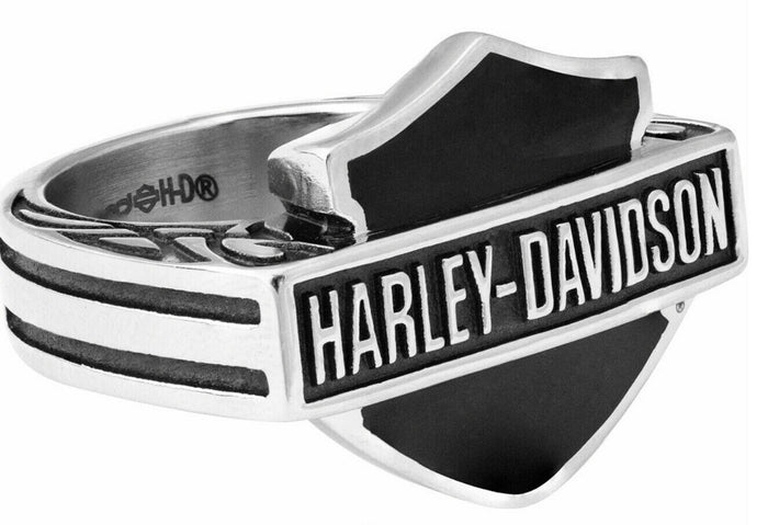 Harley-Davidson Men's Silver on Black Bar & Shield Signet Ring