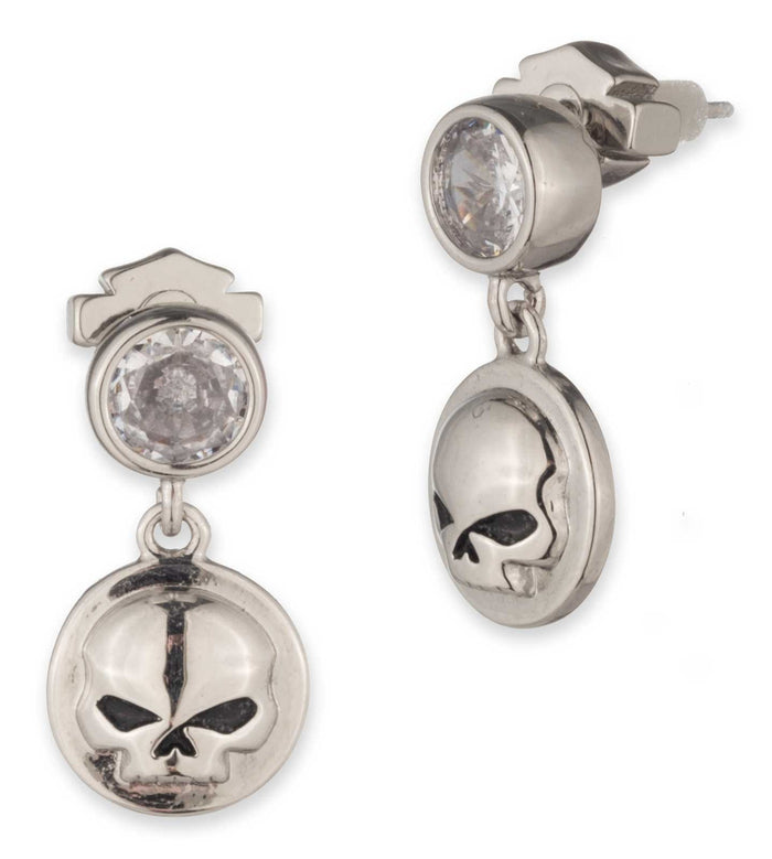 Harley-Davidson® Women's Crystal Stone Willie G Skull Dangle Earrings, Brass