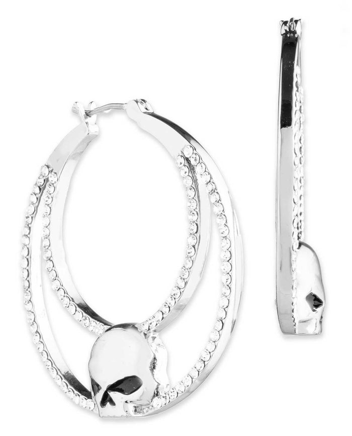 Harley-Davidson® Women's Willie G Skull Pave Crystal Hoop Earrings, Silver Brass