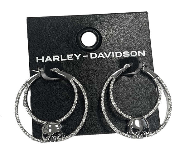 Harley-Davidson® Women's Willie G Skull Pave Crystal Hoop Earrings, Silver Brass