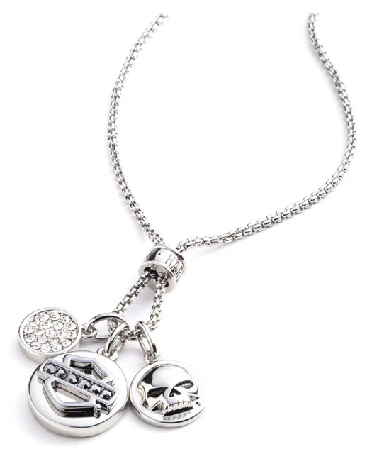Harley-Davidson® Women's 18 in. Crystal Charm Chain Necklace, Silver Brass