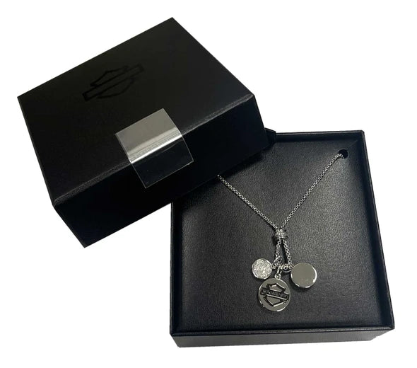 Harley-Davidson® Women's 18 in. Crystal Charm Chain Necklace, Silver Brass