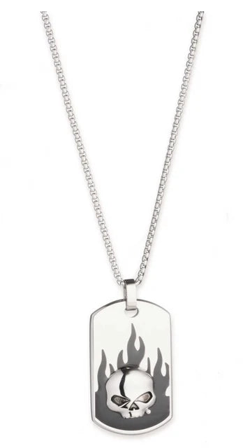 Harley-Davidson® Men's 26 in. Willie G Skull Flames Dog Tag Necklace, Steel