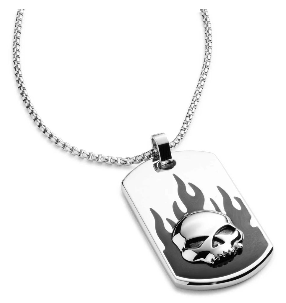 Harley-Davidson® Men's 26 in. Willie G Skull Flames Dog Tag Necklace, Steel