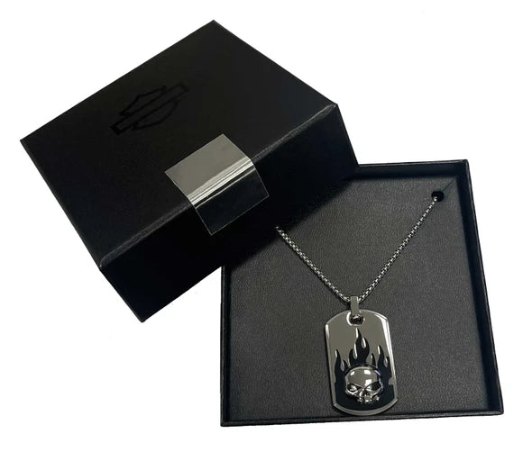 Harley-Davidson® Men's 26 in. Willie G Skull Flames Dog Tag Necklace, Steel