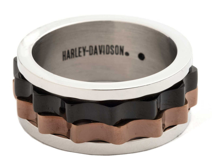 Harley-Davidson® Men's Curved Tri Tone Stack Ring - Stainless Steel, Black/Brown