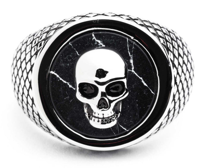 Harley-Davidson® Men's Black Circle Skull Head Ring, Silver Stainless Steel