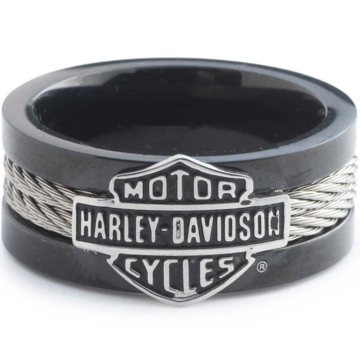 Harley-Davidson Men's Bar & Shield Steel Cable Band Stainless Steel Ring, Black