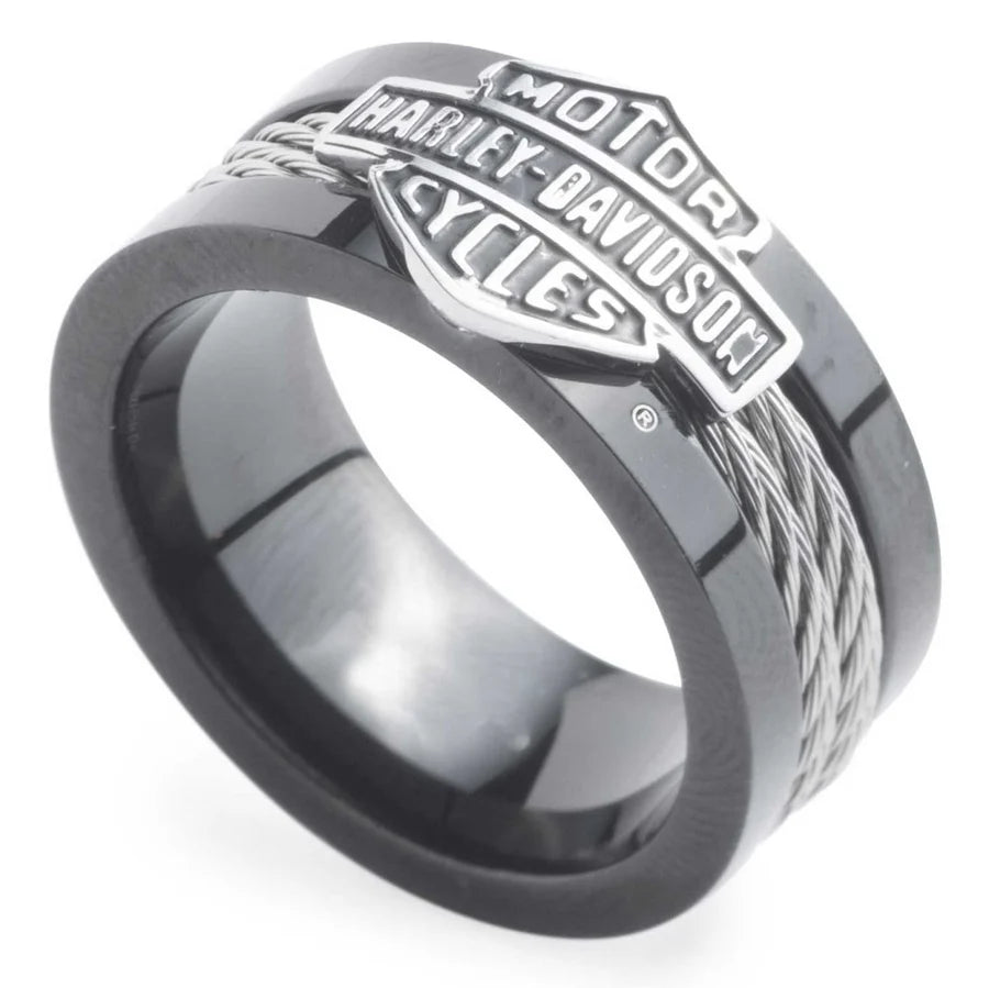 Harley-Davidson Men's Bar & Shield Steel Cable Band Stainless Steel Ring, Black