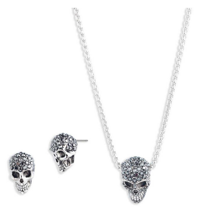 Harley-Davidson® Women's Crystal Skull Necklace & Earring Set, Sterling Silver