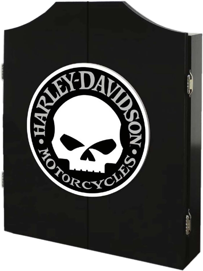 Harley-Davidson Willie G Skull Logo Dart Board Cabinet – Black Wooden Cabinet