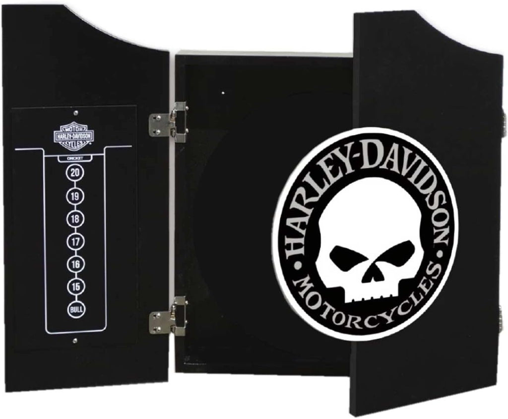 Harley-Davidson Willie G Skull Logo Dart Board Cabinet – Black Wooden Cabinet