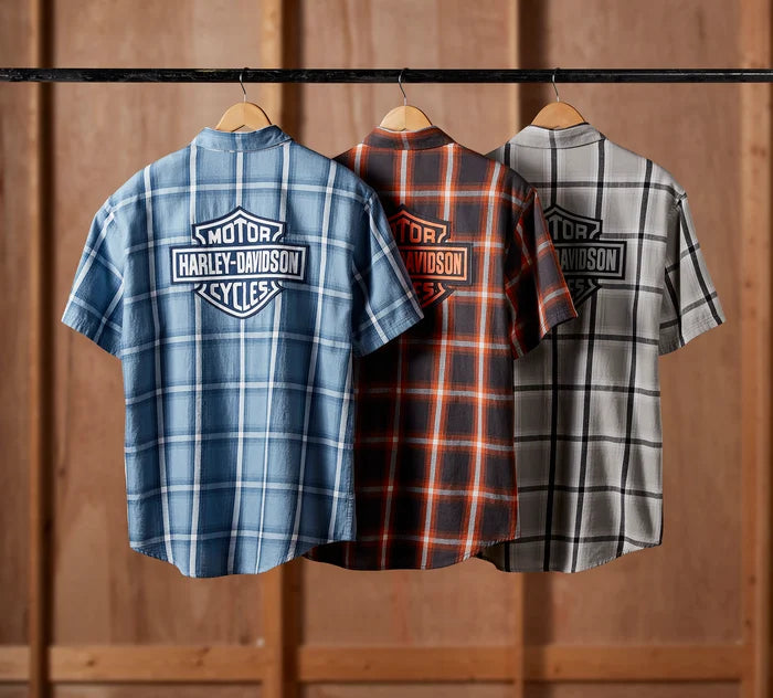 Men's Bar & Shield Staple Short Sleeve Shirt - Plaid - Asphalt & Harley Orange