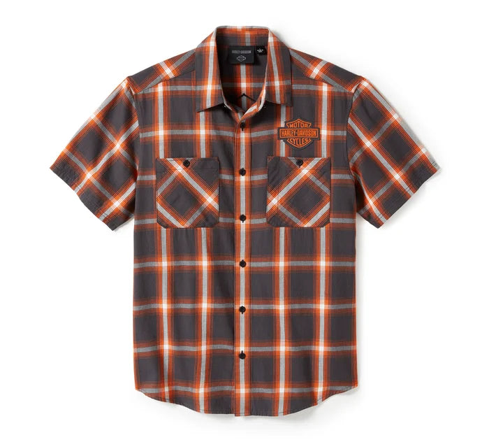 Men's Bar & Shield Staple Short Sleeve Shirt - Plaid - Asphalt & Harley Orange