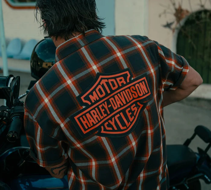 Men's Bar & Shield Staple Short Sleeve Shirt - Plaid - Asphalt & Harley Orange
