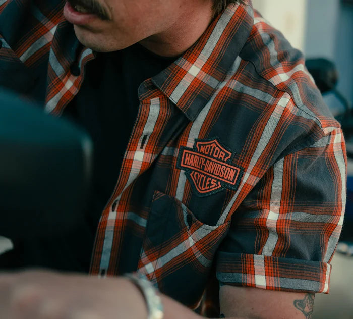Men's Bar & Shield Staple Short Sleeve Shirt - Plaid - Asphalt & Harley Orange