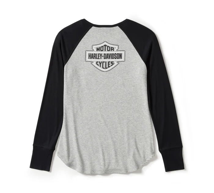 Women's Essential Arched Font Long Sleeve Raglan - Colorblock - Light Grey Heather & Harley Black