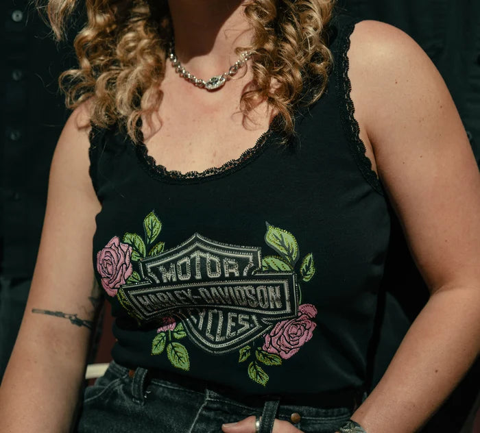 Women's Rose & Thorn Bling Lace Trim Tank - Harley Black
