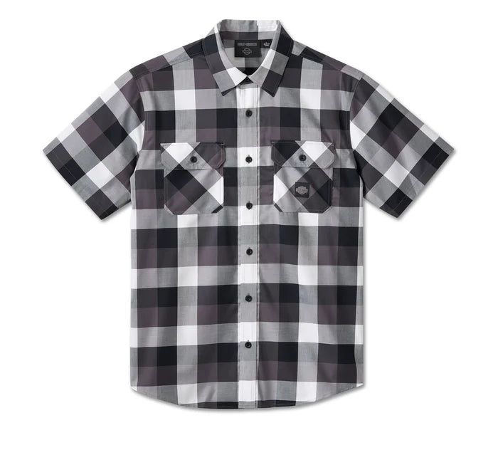 Men's Bar & Shield Wrinkle Resistant Short Sleeve Shirt - Black Plaid