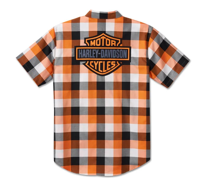 Men's Bar & Shield Wrinkle Resistant Short Sleeve Shirt - Orange Plaid