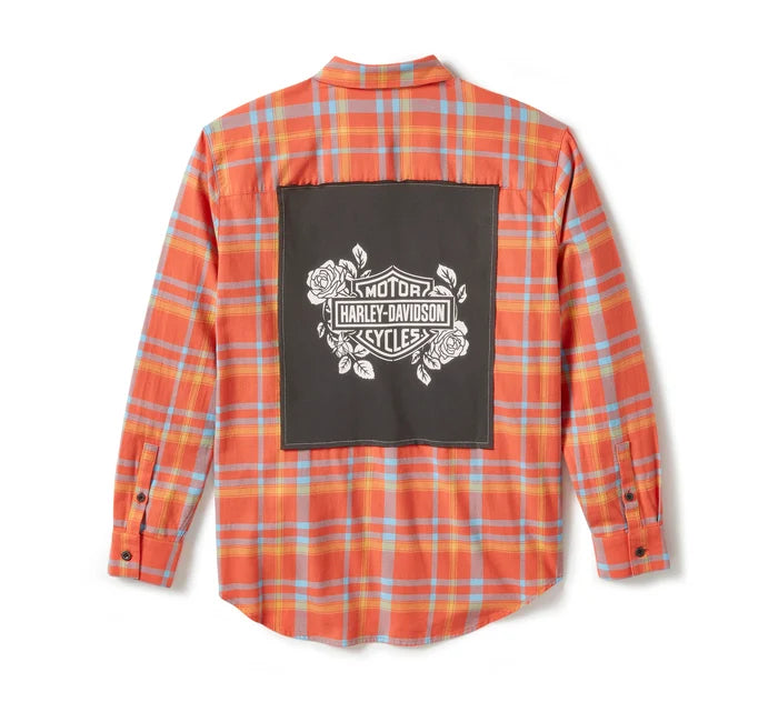 Women's Patch Woven Long Sleeve Shirt - Plaid - Hot Coral