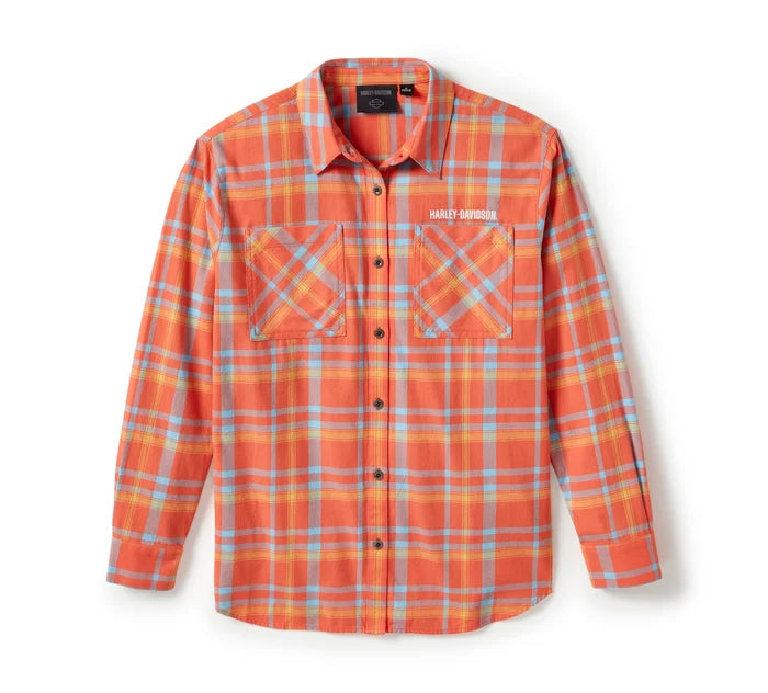 Women's Patch Woven Long Sleeve Shirt - Plaid - Hot Coral