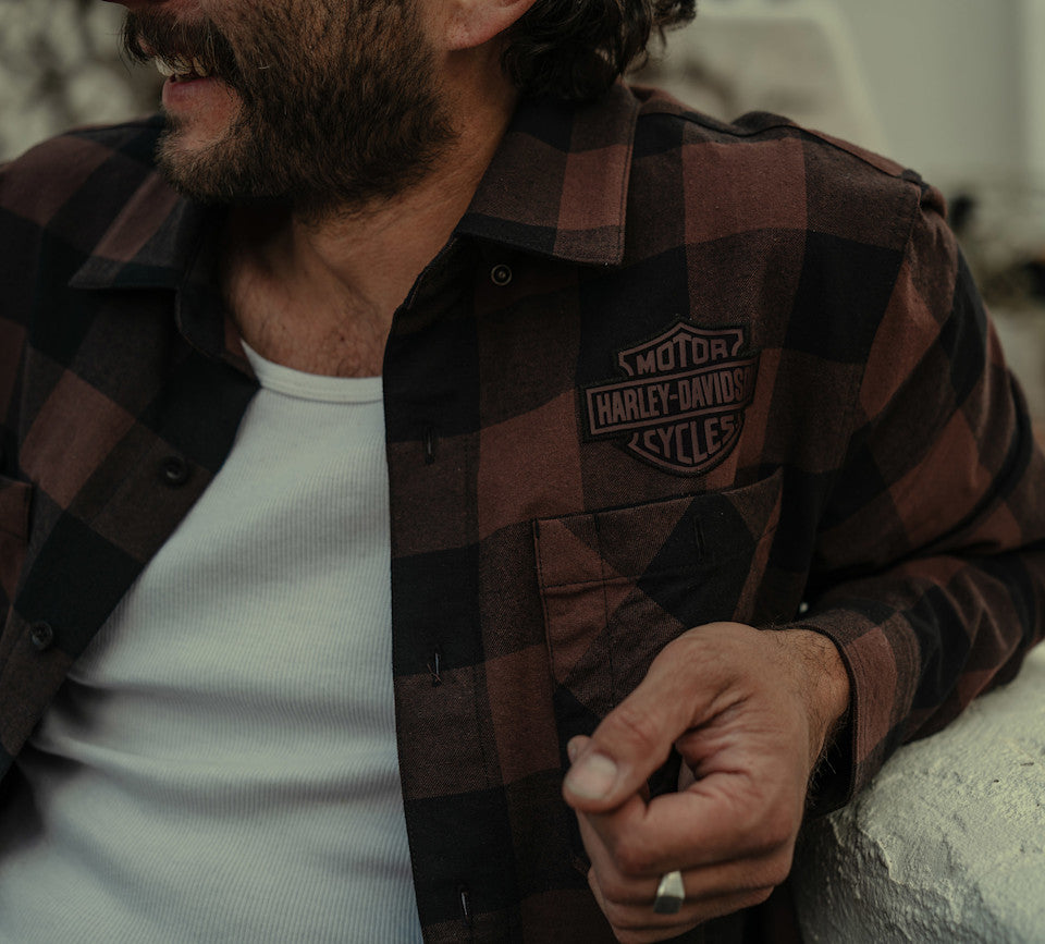 Men's Bar & Shield Buffalo Check Flannel - Plaid - Harley Black & Coffee