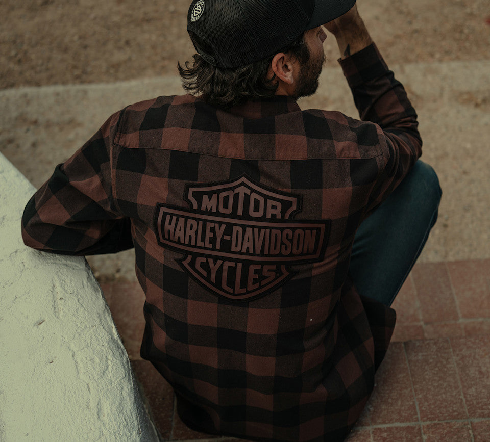 Men's Bar & Shield Buffalo Check Flannel - Plaid - Harley Black & Coffee