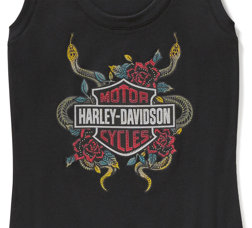 Women's Serpent Rose Bling Ribbed Tank - Harley Black