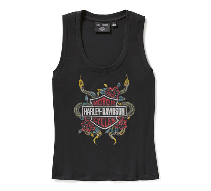 Women's Serpent Rose Bling Ribbed Tank - Harley Black