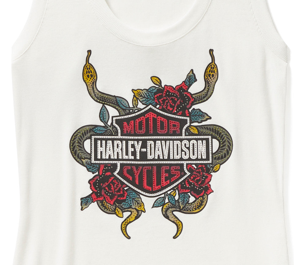 Women's Serpent Rose Bling Ribbed Tank - Cloud Dancer