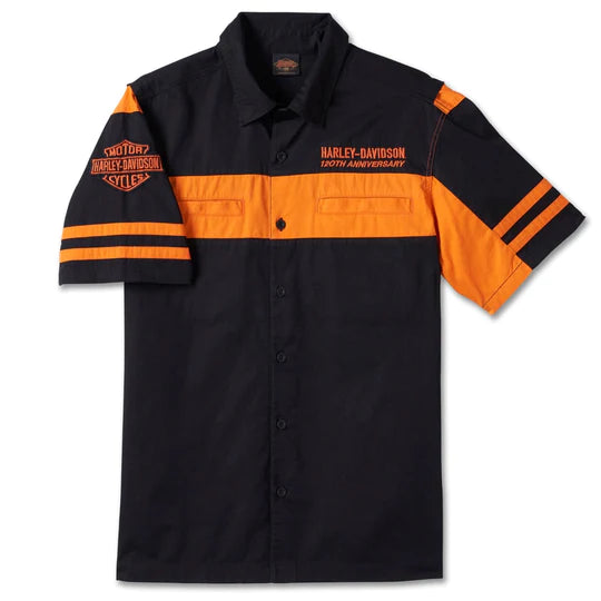 Harley-Davidson 120th Anniversary Men's Woven Colorblocked Button-Up Shirt, Black/Orange