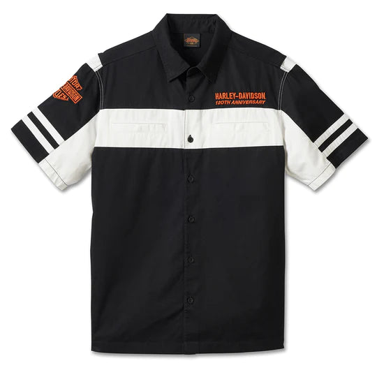 Harley-Davidson 120th Anniversary Men's Woven Colorblocked Button-Up Shirt, Black/White