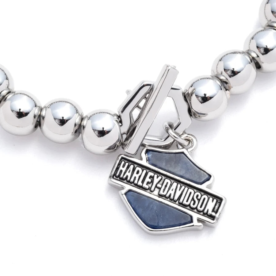 Harley-Davidson® Women's Bar & Shield Toggle Stretch Bead Bracelet, Silver