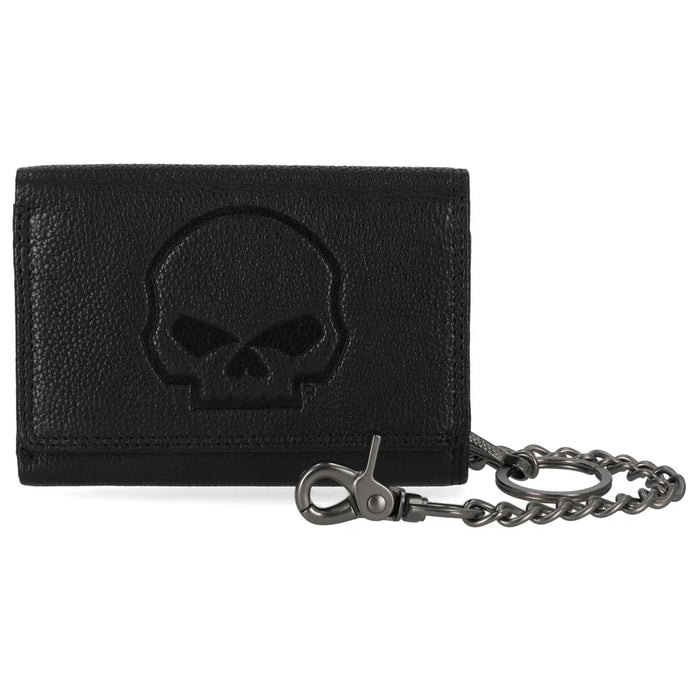 Harley-Davidson Men's Embossed Willie G. Skull Logo Medium Tri-Fold Chain Wallet, Black MWM101/08