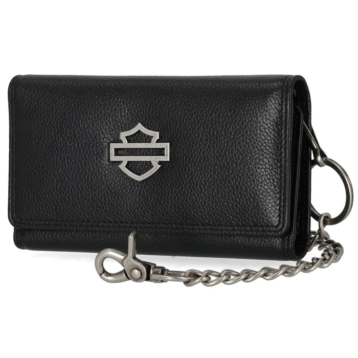 Harley-Davidson Men' Metal Open Bar & Shield Logo Leather Chain Tri-Fold Trucker Wallet, Black