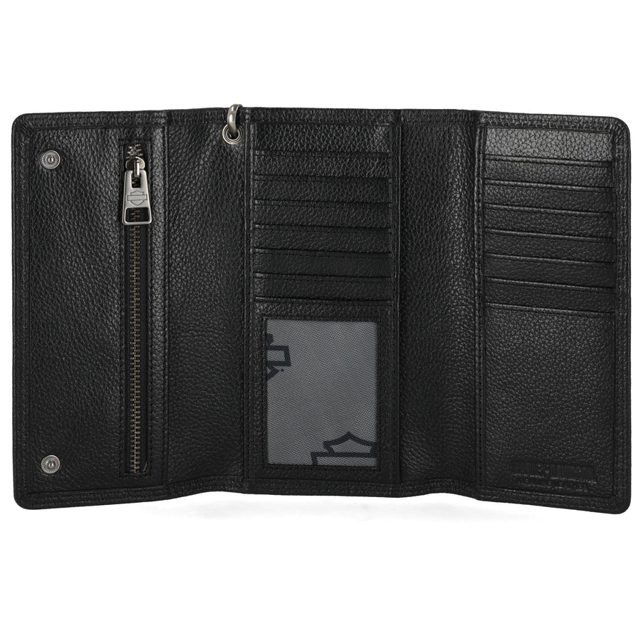 Harley-Davidson Men' Metal Open Bar & Shield Logo Leather Chain Tri-Fold Trucker Wallet, Black