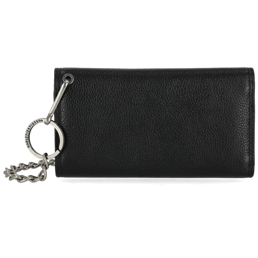 Harley-Davidson Men' Metal Open Bar & Shield Logo Leather Chain Tri-Fold Trucker Wallet, Black