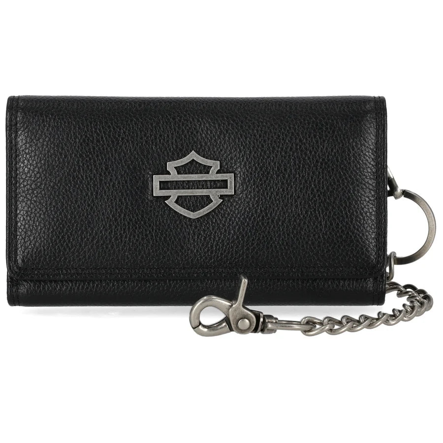 Harley-Davidson Men' Metal Open Bar & Shield Logo Leather Chain Tri-Fold Trucker Wallet, Black