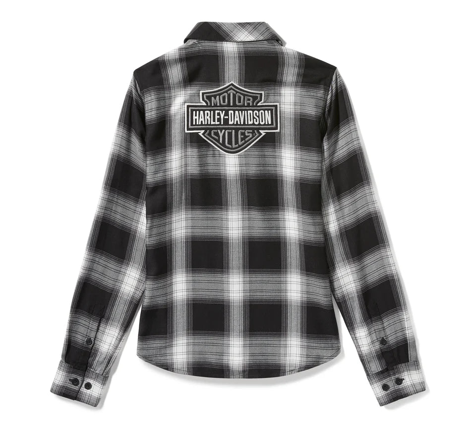 Women's Essential Bar & Shield Woven Plaid Long Sleeve - Harley Black & Cloud Dancer