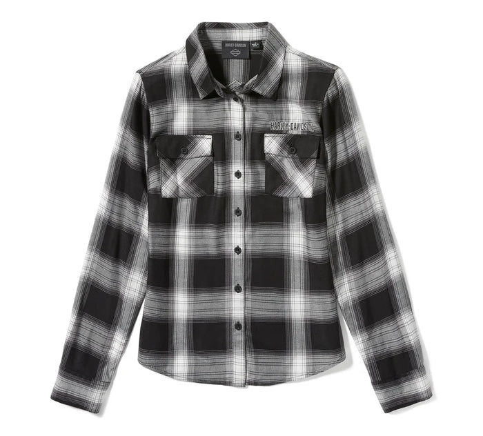 Women's Essential Bar & Shield Woven Plaid Long Sleeve - Harley Black & Cloud Dancer