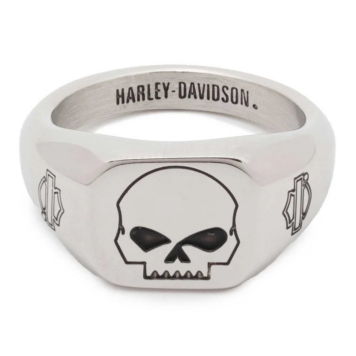 Harley-Davidson® Men's Willie G Skull Beveled Edge Ring - Stainless Steel