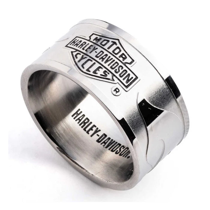 Harley-Davidson® Men's Bar & Shield Raised Flame Band Ring - Stainless Steel