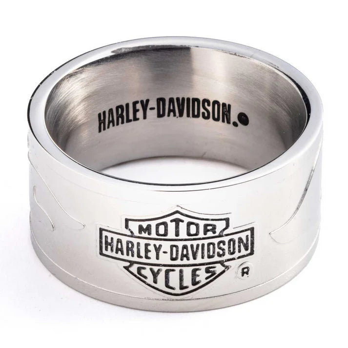 Harley-Davidson® Men's Bar & Shield Raised Flame Band Ring - Stainless Steel