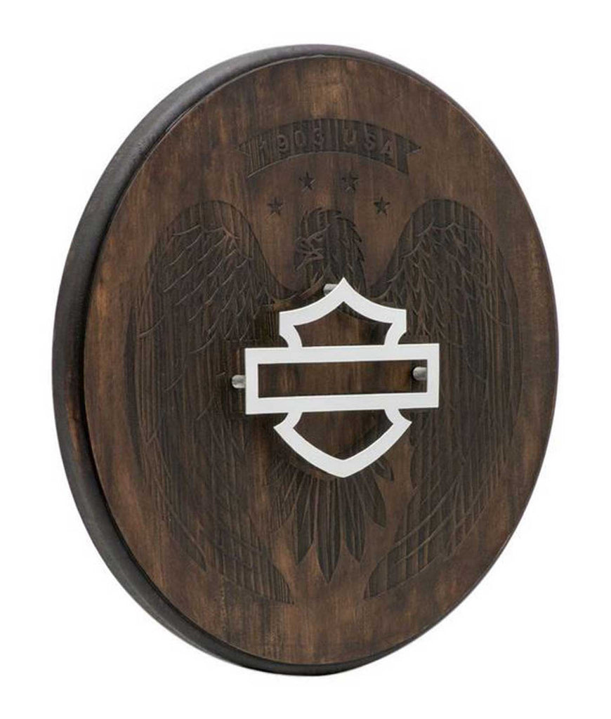 Harley-Davidson® Open Bar & Shield Eagle Pub Sign, Round Wooden Sign, Brown