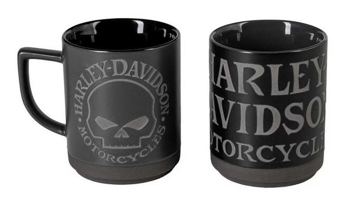 Harley-Davidson® Engraved Willie G Skull Coffee Mug Set, Set of Two 16 oz. Black